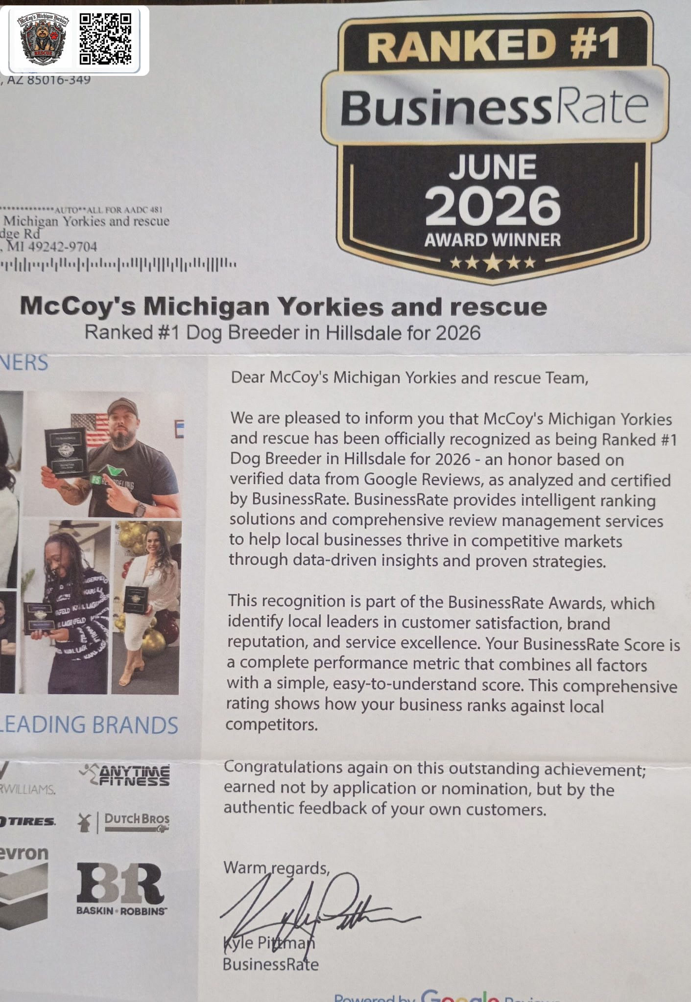 BusinessRate June 2026 award letter recognizing McCoy's Michigan Yorkies and Rescue as the number one dog breeder in Hillsdale for 2026