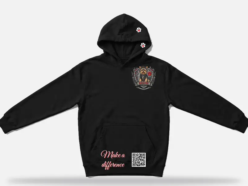 Black pullover sweatshirt with the McCoy's rescue shield on the chest and the words Make a difference, turning full circle to show the front, the sleeve, and the back