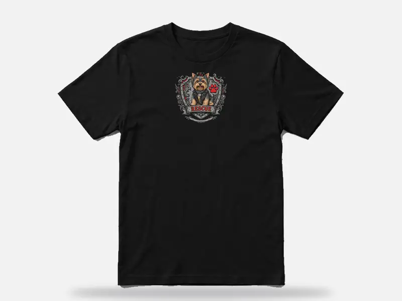Black t-shirt with the McCoy's rescue shield on the chest, turning full circle to show the front and the back