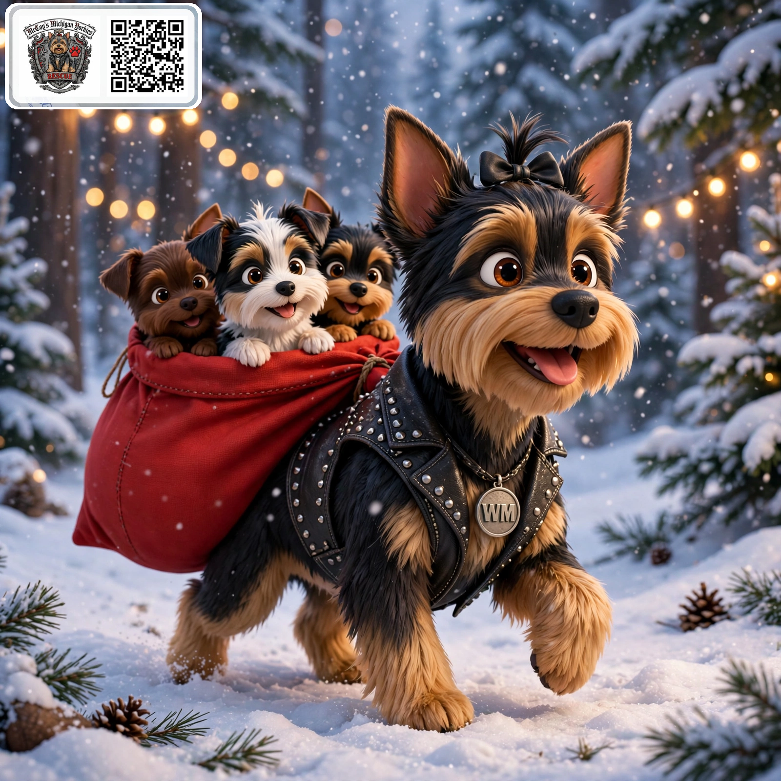 Winston the biker Yorkie happily carrying a red Christmas sack with three colorful Yorkie puppy heads popping out — chocolate, parti, and black-and-tan